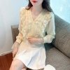 A new V-neck chiffon top for women in the 2022 autumn collection, with ruffled edges, is fashionable and beautiful. This small blouse makes you look slimmer Specification image